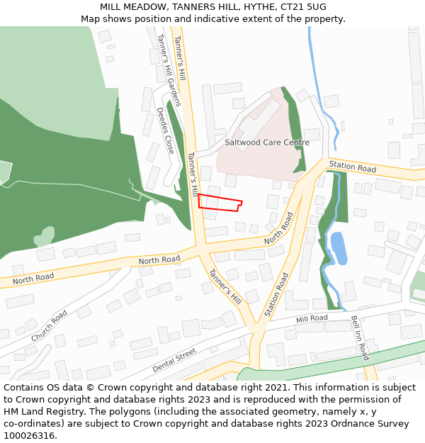 MILL MEADOW, TANNERS HILL, HYTHE, CT21 5UG: Location map and indicative extent of plot