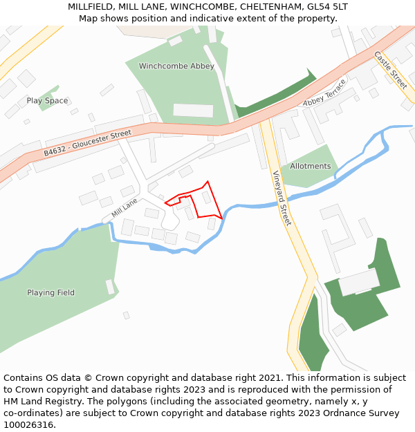 MILLFIELD, MILL LANE, WINCHCOMBE, CHELTENHAM, GL54 5LT: Location map and indicative extent of plot