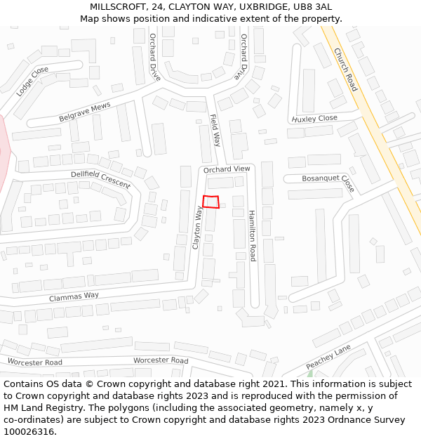 MILLSCROFT, 24, CLAYTON WAY, UXBRIDGE, UB8 3AL: Location map and indicative extent of plot
