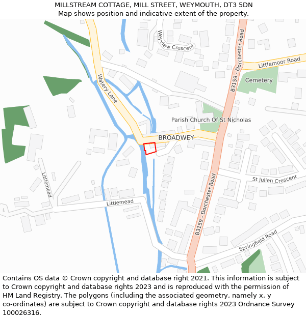 MILLSTREAM COTTAGE, MILL STREET, WEYMOUTH, DT3 5DN: Location map and indicative extent of plot