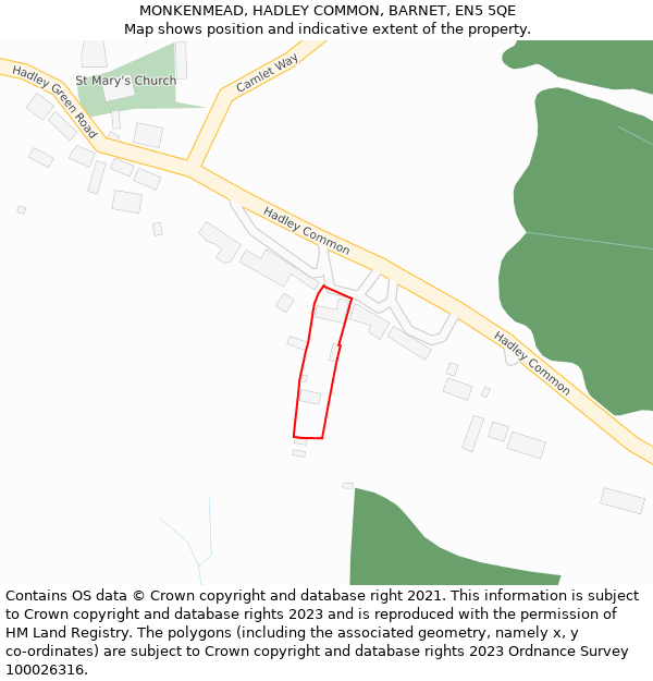 MONKENMEAD, HADLEY COMMON, BARNET, EN5 5QE: Location map and indicative extent of plot