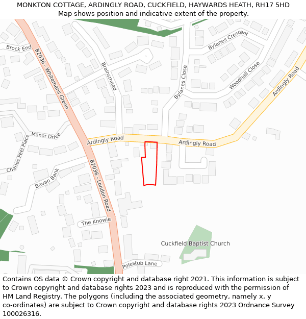 MONKTON COTTAGE, ARDINGLY ROAD, CUCKFIELD, HAYWARDS HEATH, RH17 5HD: Location map and indicative extent of plot