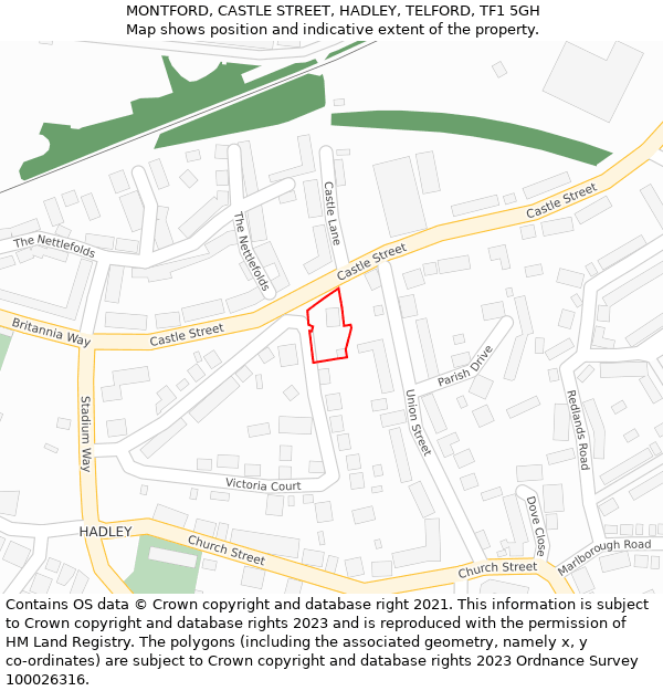 MONTFORD, CASTLE STREET, HADLEY, TELFORD, TF1 5GH: Location map and indicative extent of plot
