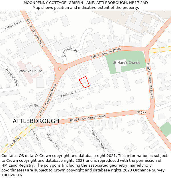 MOONPENNY COTTAGE, GRIFFIN LANE, ATTLEBOROUGH, NR17 2AD: Location map and indicative extent of plot