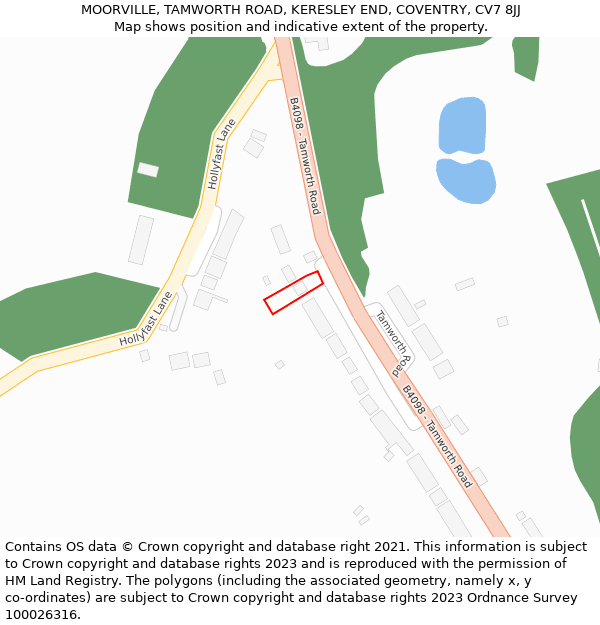 MOORVILLE, TAMWORTH ROAD, KERESLEY END, COVENTRY, CV7 8JJ: Location map and indicative extent of plot