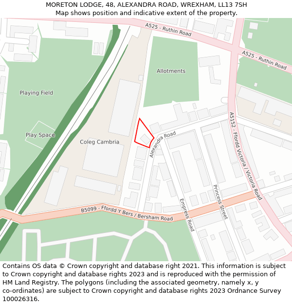 MORETON LODGE, 48, ALEXANDRA ROAD, WREXHAM, LL13 7SH: Location map and indicative extent of plot