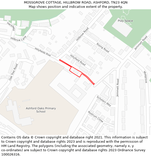 MOSSGROVE COTTAGE, HILLBROW ROAD, ASHFORD, TN23 4QN: Location map and indicative extent of plot