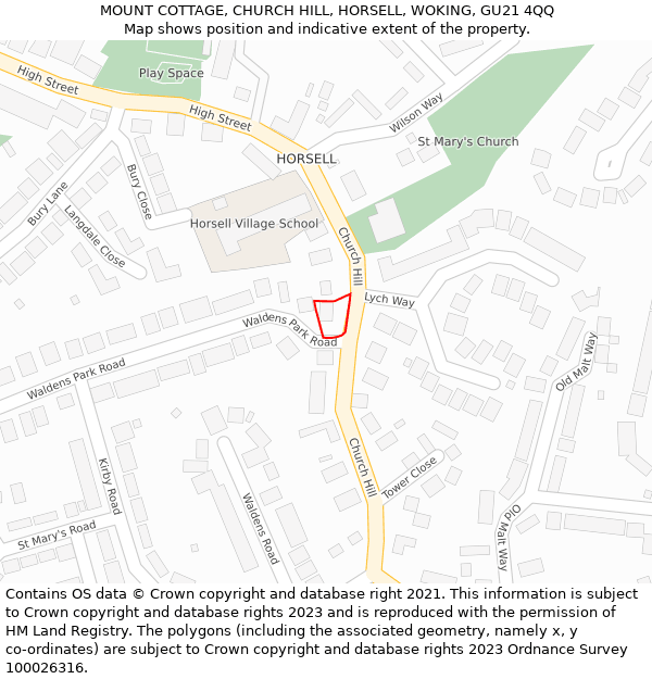 MOUNT COTTAGE, CHURCH HILL, HORSELL, WOKING, GU21 4QQ: Location map and indicative extent of plot