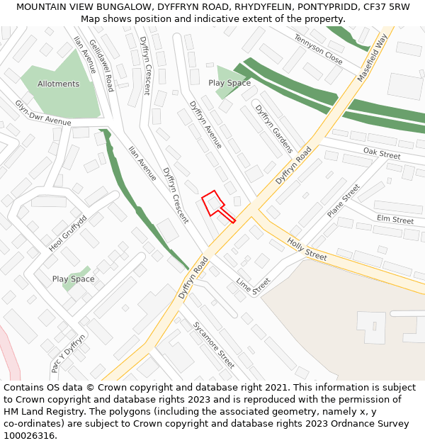 MOUNTAIN VIEW BUNGALOW, DYFFRYN ROAD, RHYDYFELIN, PONTYPRIDD, CF37 5RW: Location map and indicative extent of plot