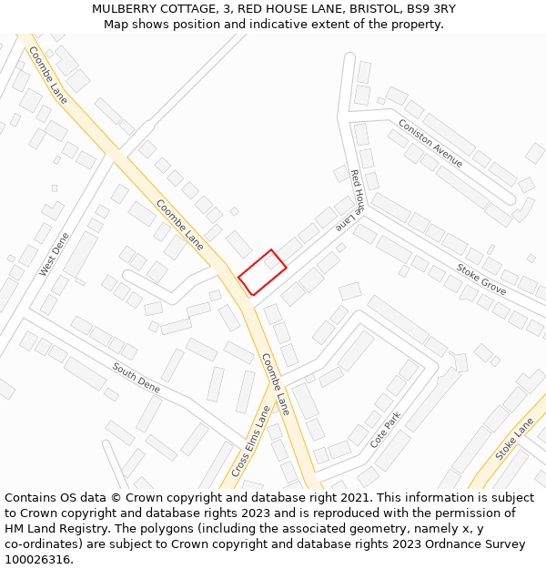 MULBERRY COTTAGE, 3, RED HOUSE LANE, BRISTOL, BS9 3RY: Location map and indicative extent of plot