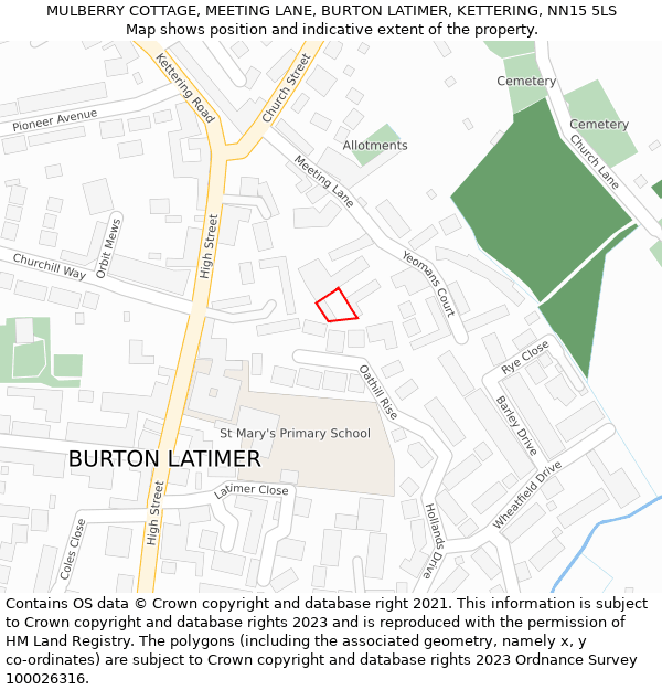 MULBERRY COTTAGE, MEETING LANE, BURTON LATIMER, KETTERING, NN15 5LS: Location map and indicative extent of plot