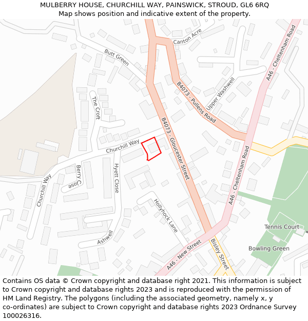 MULBERRY HOUSE, CHURCHILL WAY, PAINSWICK, STROUD, GL6 6RQ: Location map and indicative extent of plot
