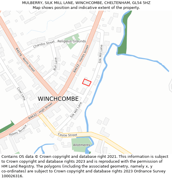 MULBERRY, SILK MILL LANE, WINCHCOMBE, CHELTENHAM, GL54 5HZ: Location map and indicative extent of plot
