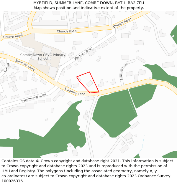 MYRFIELD, SUMMER LANE, COMBE DOWN, BATH, BA2 7EU: Location map and indicative extent of plot