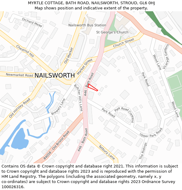 MYRTLE COTTAGE, BATH ROAD, NAILSWORTH, STROUD, GL6 0HJ: Location map and indicative extent of plot