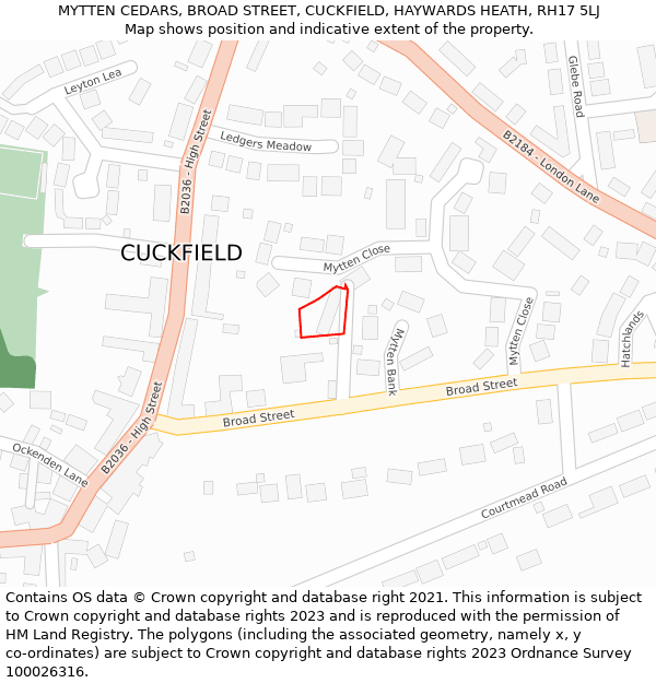 MYTTEN CEDARS, BROAD STREET, CUCKFIELD, HAYWARDS HEATH, RH17 5LJ: Location map and indicative extent of plot