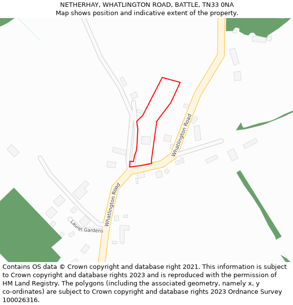NETHERHAY, WHATLINGTON ROAD, BATTLE, TN33 0NA: Location map and indicative extent of plot