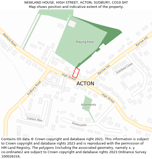 NEWLAND HOUSE, HIGH STREET, ACTON, SUDBURY, CO10 0AT: Location map and indicative extent of plot