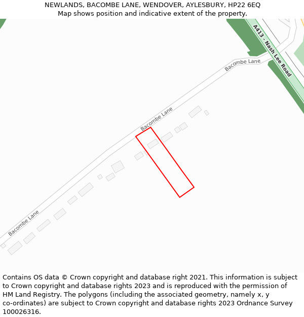 NEWLANDS, BACOMBE LANE, WENDOVER, AYLESBURY, HP22 6EQ: Location map and indicative extent of plot