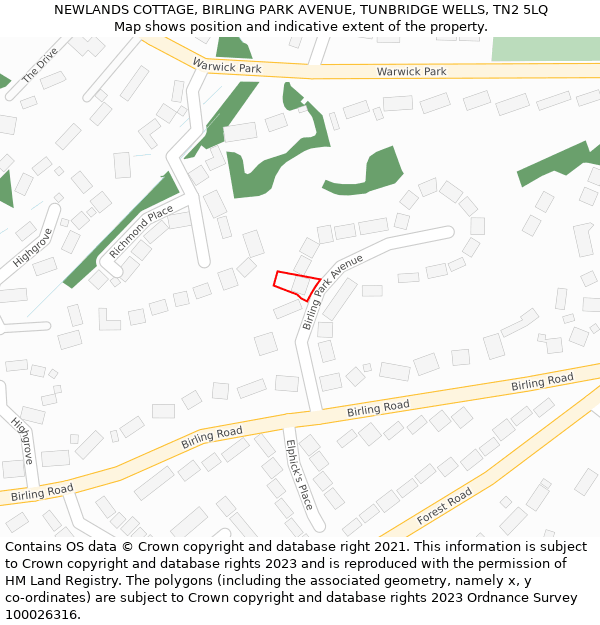 NEWLANDS COTTAGE, BIRLING PARK AVENUE, TUNBRIDGE WELLS, TN2 5LQ: Location map and indicative extent of plot