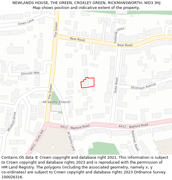 NEWLANDS HOUSE, THE GREEN, CROXLEY GREEN, RICKMANSWORTH, WD3 3HJ: Location map and indicative extent of plot