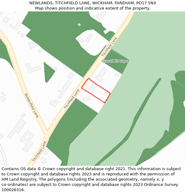 NEWLANDS, TITCHFIELD LANE, WICKHAM, FAREHAM, PO17 5NX: Location map and indicative extent of plot