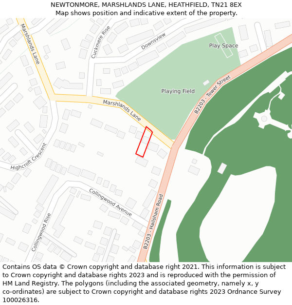 NEWTONMORE, MARSHLANDS LANE, HEATHFIELD, TN21 8EX: Location map and indicative extent of plot