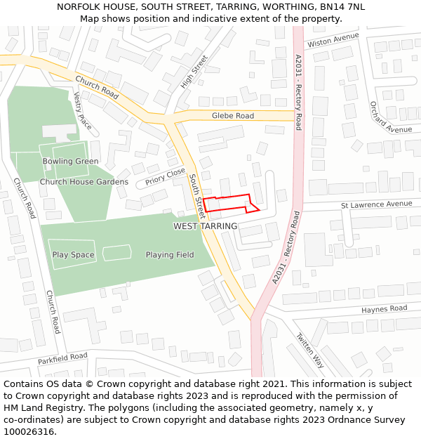 NORFOLK HOUSE, SOUTH STREET, TARRING, WORTHING, BN14 7NL: Location map and indicative extent of plot