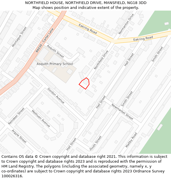 NORTHFIELD HOUSE, NORTHFIELD DRIVE, MANSFIELD, NG18 3DD: Location map and indicative extent of plot