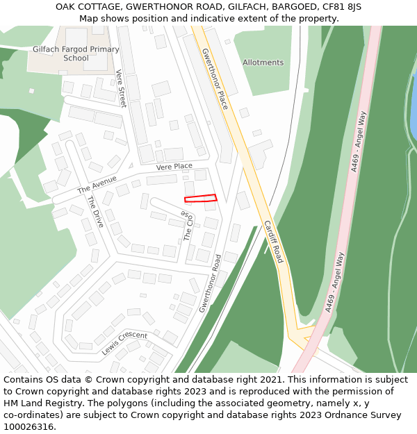 OAK COTTAGE, GWERTHONOR ROAD, GILFACH, BARGOED, CF81 8JS: Location map and indicative extent of plot