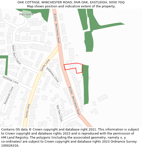 OAK COTTAGE, WINCHESTER ROAD, FAIR OAK, EASTLEIGH, SO50 7GQ: Location map and indicative extent of plot