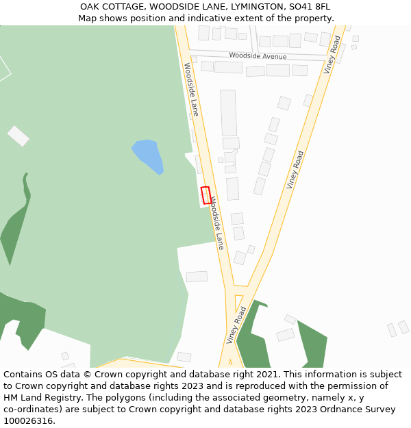 OAK COTTAGE, WOODSIDE LANE, LYMINGTON, SO41 8FL: Location map and indicative extent of plot