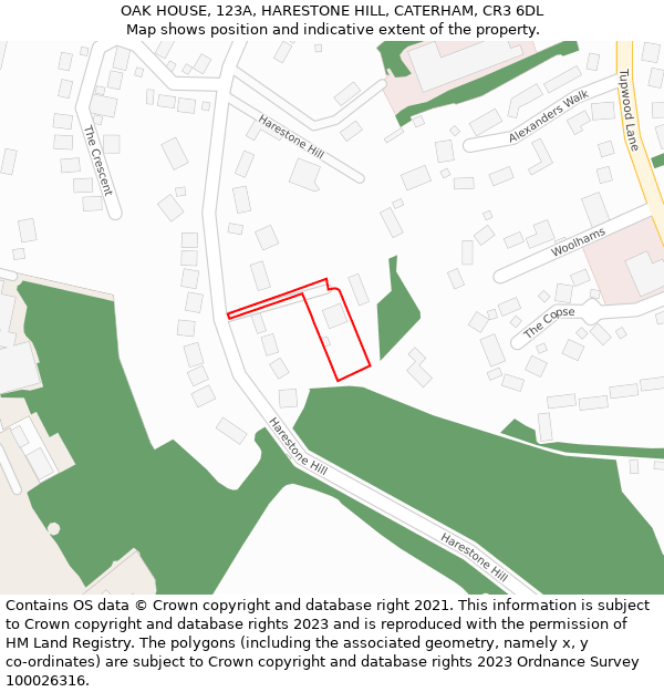 OAK HOUSE, 123A, HARESTONE HILL, CATERHAM, CR3 6DL: Location map and indicative extent of plot