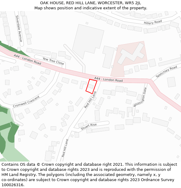 OAK HOUSE, RED HILL LANE, WORCESTER, WR5 2JL: Location map and indicative extent of plot