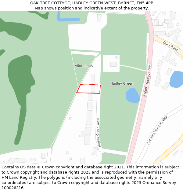 OAK TREE COTTAGE, HADLEY GREEN WEST, BARNET, EN5 4PP: Location map and indicative extent of plot