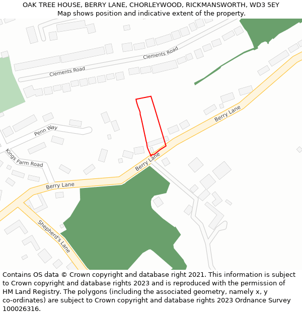 OAK TREE HOUSE, BERRY LANE, CHORLEYWOOD, RICKMANSWORTH, WD3 5EY: Location map and indicative extent of plot