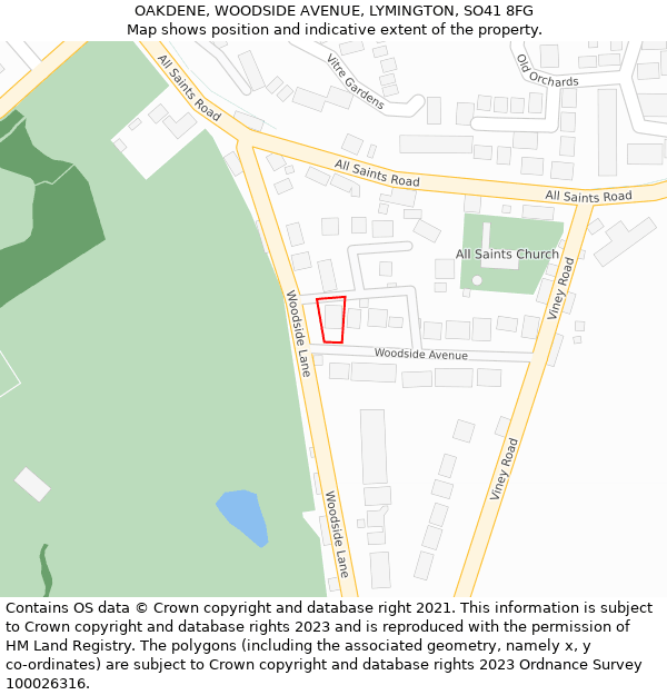 OAKDENE, WOODSIDE AVENUE, LYMINGTON, SO41 8FG: Location map and indicative extent of plot