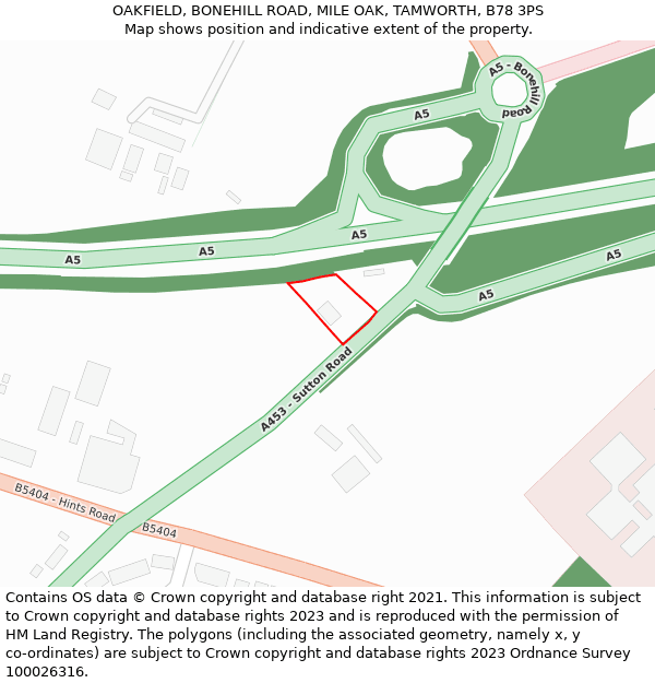 OAKFIELD, BONEHILL ROAD, MILE OAK, TAMWORTH, B78 3PS: Location map and indicative extent of plot