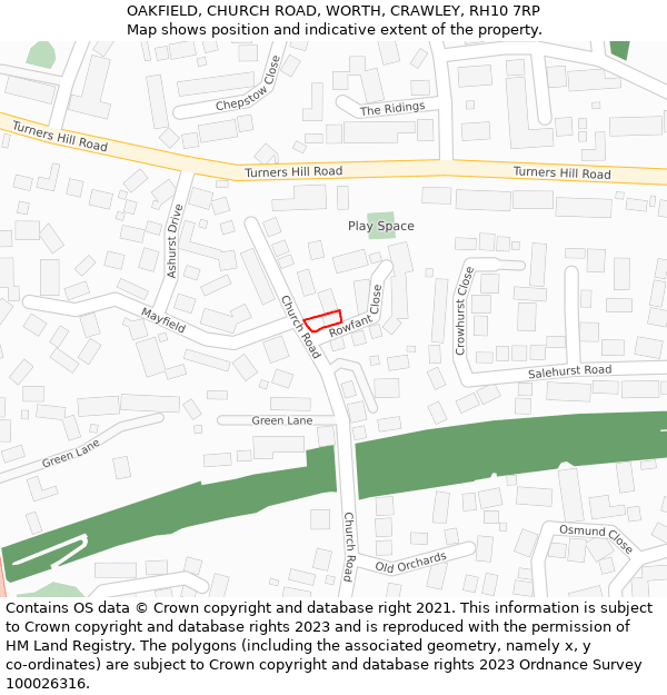 OAKFIELD, CHURCH ROAD, WORTH, CRAWLEY, RH10 7RP: Location map and indicative extent of plot