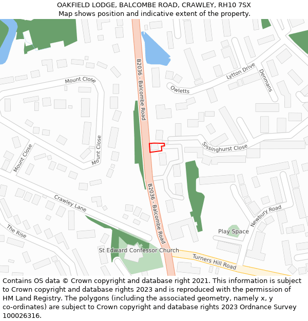 OAKFIELD LODGE, BALCOMBE ROAD, CRAWLEY, RH10 7SX: Location map and indicative extent of plot