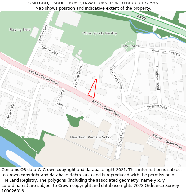 OAKFORD, CARDIFF ROAD, HAWTHORN, PONTYPRIDD, CF37 5AA: Location map and indicative extent of plot