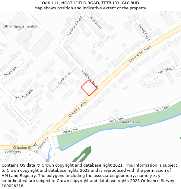OAKHILL, NORTHFIELD ROAD, TETBURY, GL8 8HD: Location map and indicative extent of plot