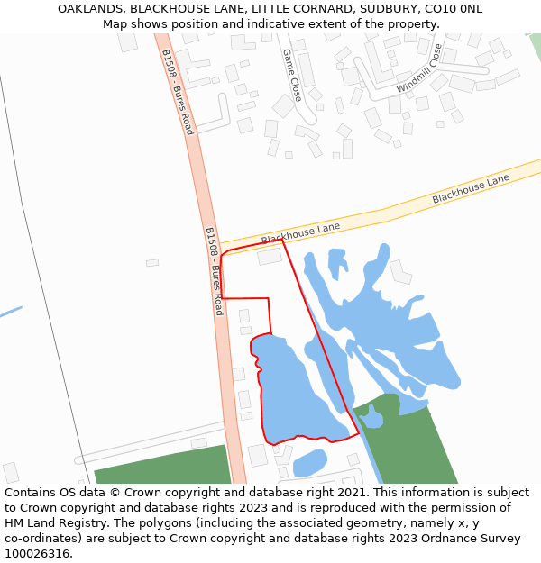 OAKLANDS, BLACKHOUSE LANE, LITTLE CORNARD, SUDBURY, CO10 0NL: Location map and indicative extent of plot