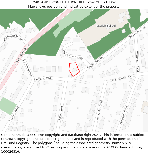 OAKLANDS, CONSTITUTION HILL, IPSWICH, IP1 3RW: Location map and indicative extent of plot