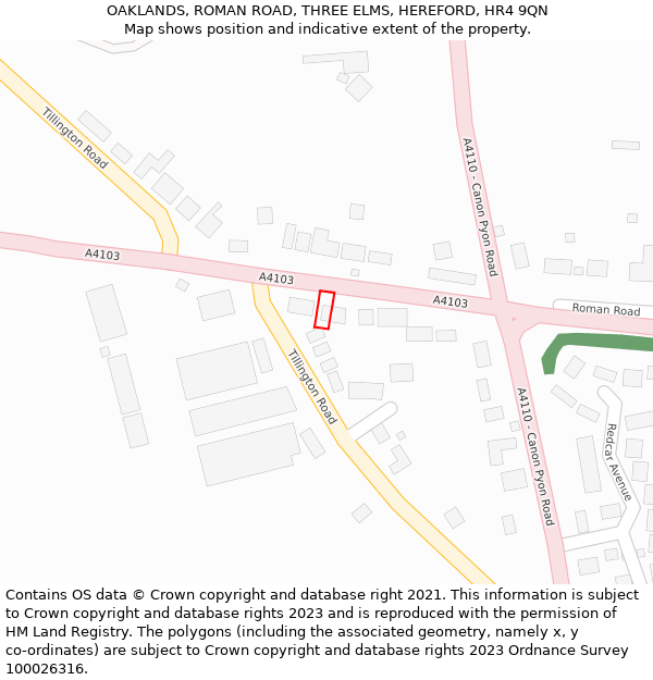 OAKLANDS, ROMAN ROAD, THREE ELMS, HEREFORD, HR4 9QN: Location map and indicative extent of plot