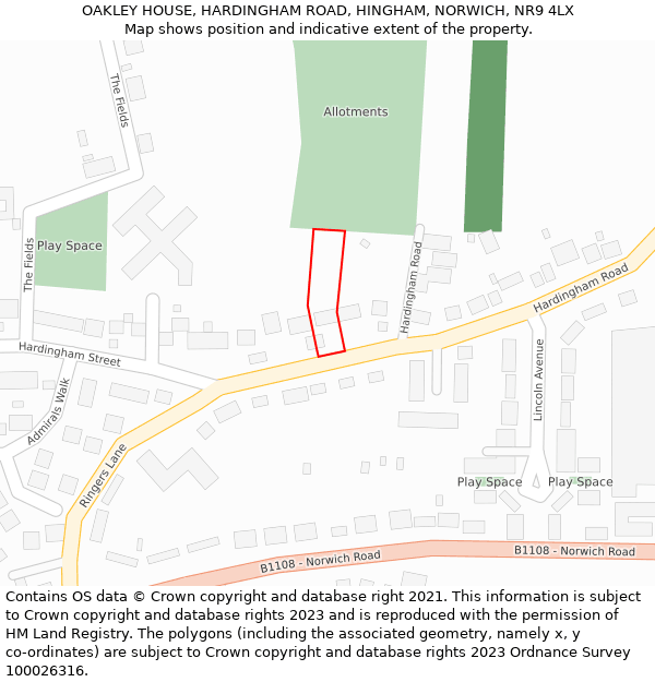 OAKLEY HOUSE, HARDINGHAM ROAD, HINGHAM, NORWICH, NR9 4LX: Location map and indicative extent of plot