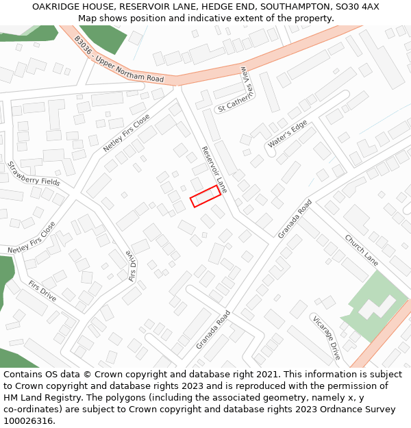 OAKRIDGE HOUSE, RESERVOIR LANE, HEDGE END, SOUTHAMPTON, SO30 4AX: Location map and indicative extent of plot