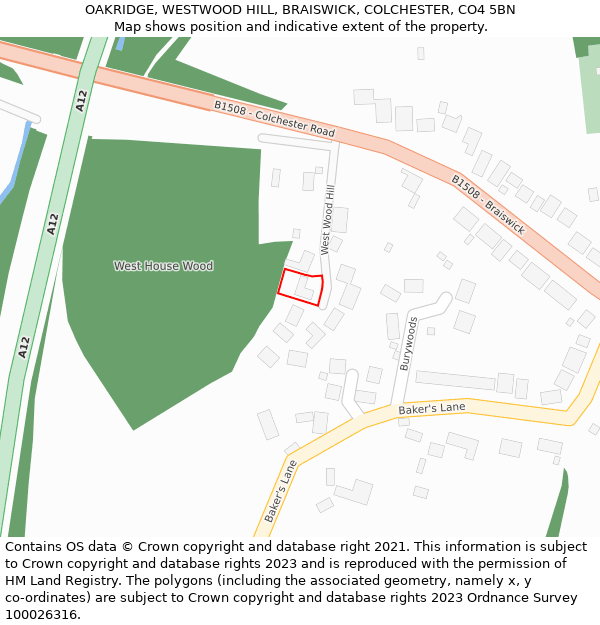 OAKRIDGE, WESTWOOD HILL, BRAISWICK, COLCHESTER, CO4 5BN: Location map and indicative extent of plot