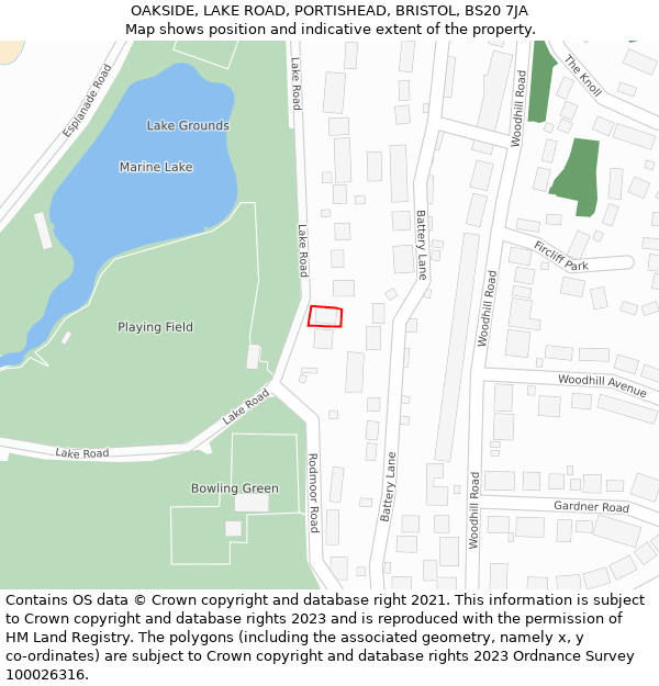 OAKSIDE, LAKE ROAD, PORTISHEAD, BRISTOL, BS20 7JA: Location map and indicative extent of plot