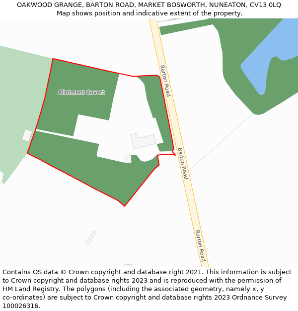 OAKWOOD GRANGE, BARTON ROAD, MARKET BOSWORTH, NUNEATON, CV13 0LQ: Location map and indicative extent of plot